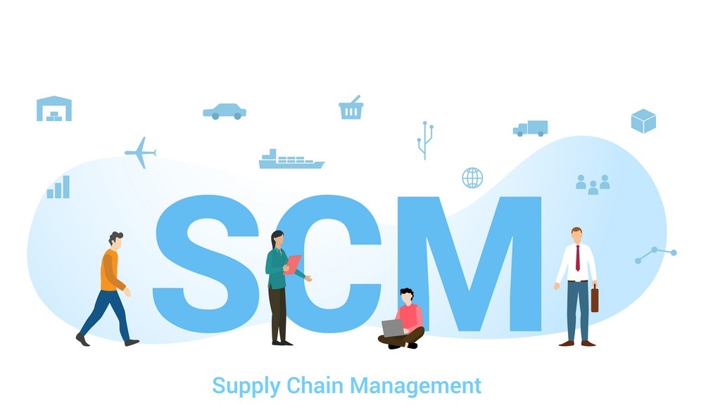 scm supply chain management concept with big word or text and team people with modern flat style – vector